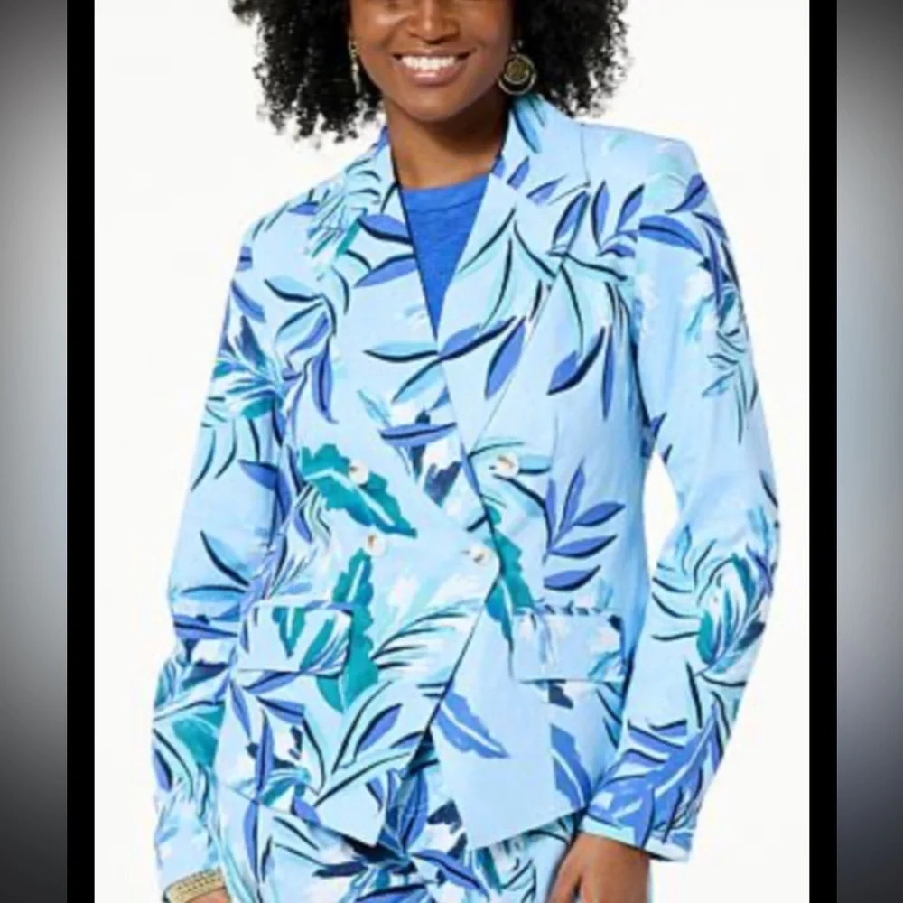 G By Giuliana Black Label Tropical Floral Blue Blazer Jacket Size Large